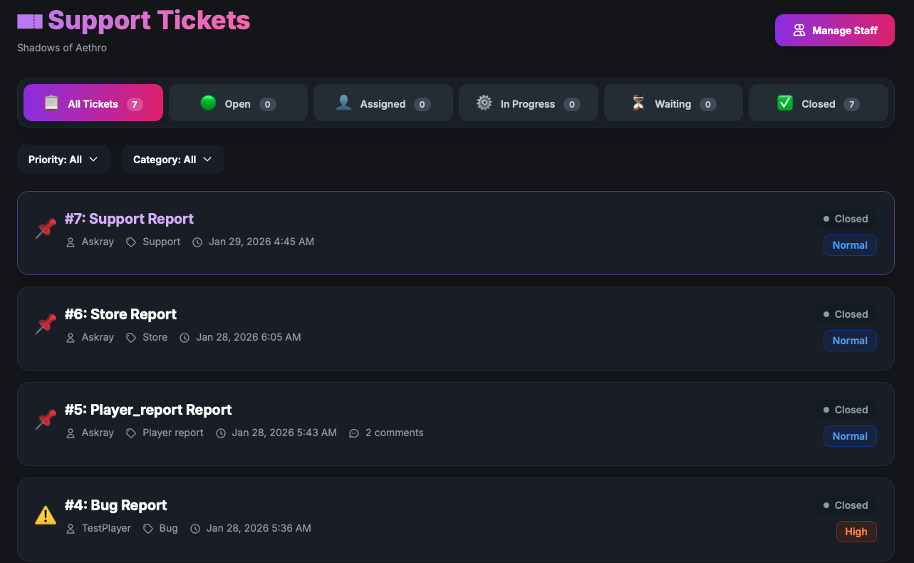 Ticket Support Interface